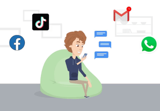 An animated person using a phone surrounded by social and messaging icons