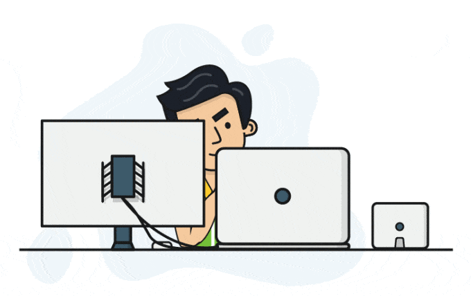 An animated developer working across multiple screens
